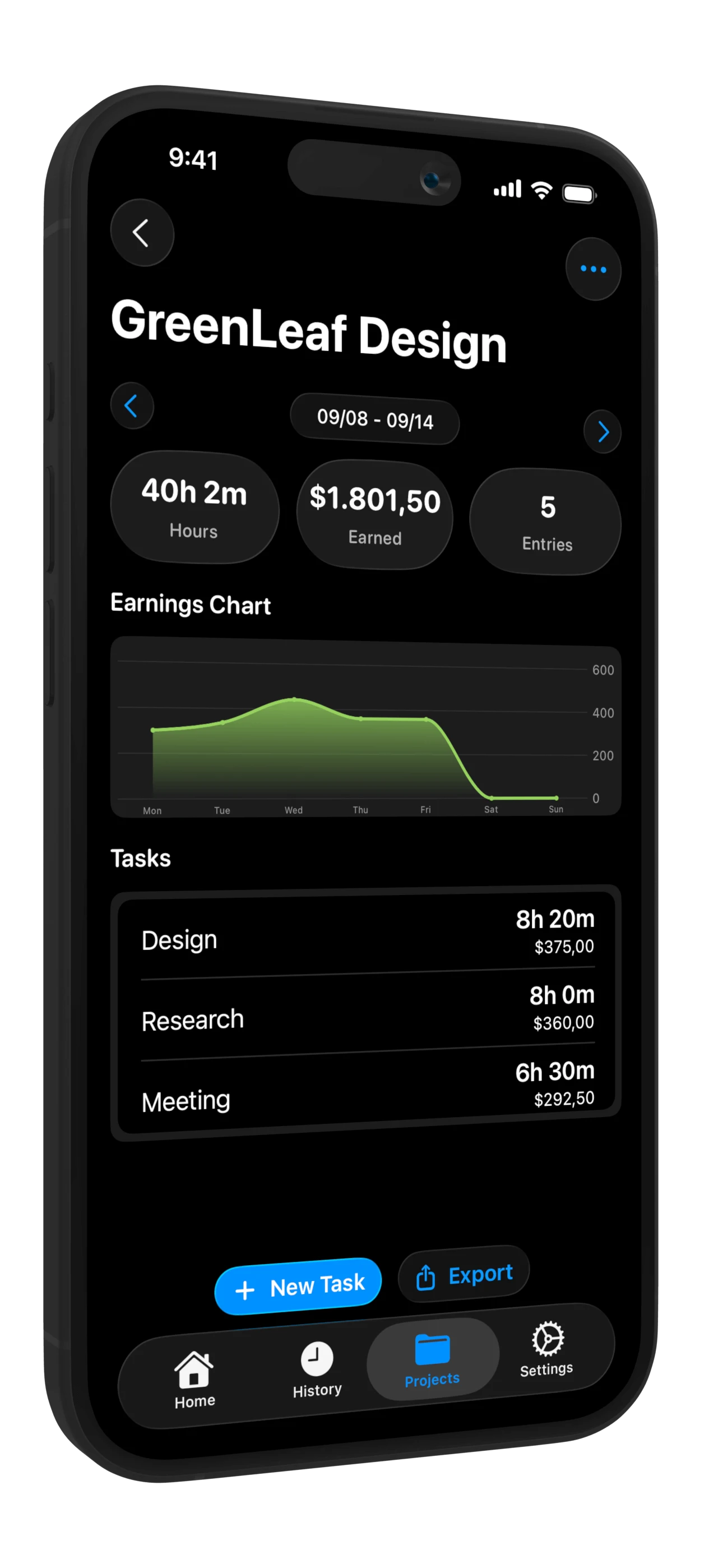 Work Counter project management screen with projects, tasks and clients overview